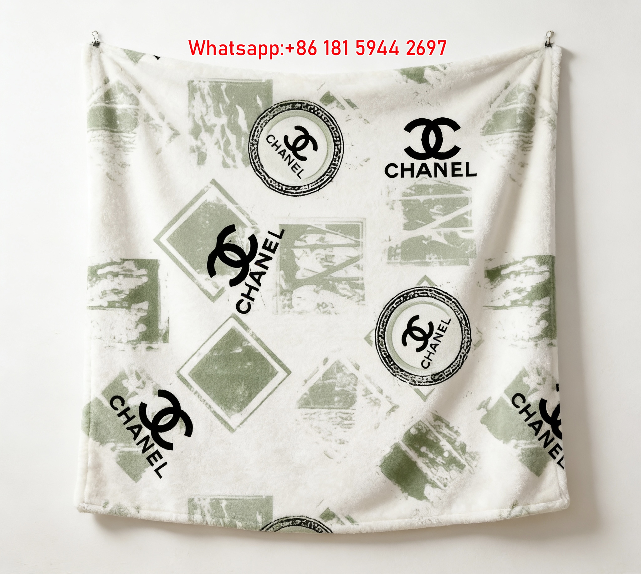 Chanel Green White Monogram Flannel Throw Blanket IMG_7309